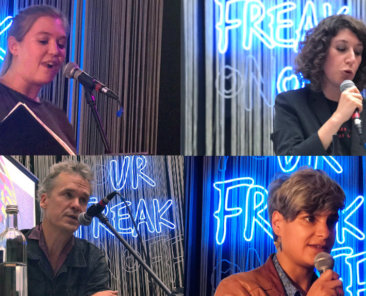 Felicia Fee Brembeck, Lena Gorelik, Alex Rühle und Rania Mleihi lesen ihre Texte zur Demokratie